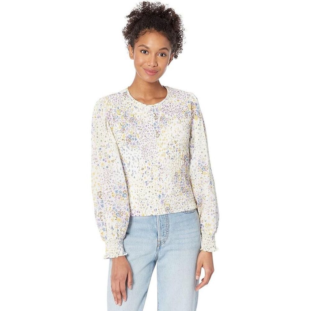 1. State 100% Cotton smocked floral long bishop sleeve Blouse small #200